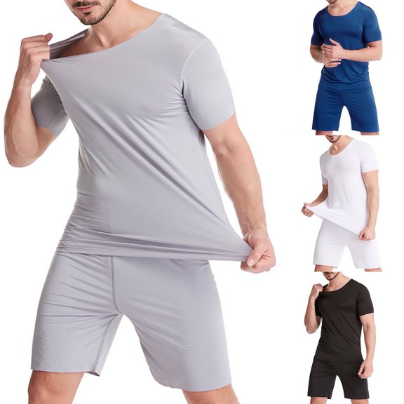 2 Pcs/Set Men Pajamas Sets Solid Color O Neck Short Sleeve Elastic Summer Men Underwear for Sleeping
