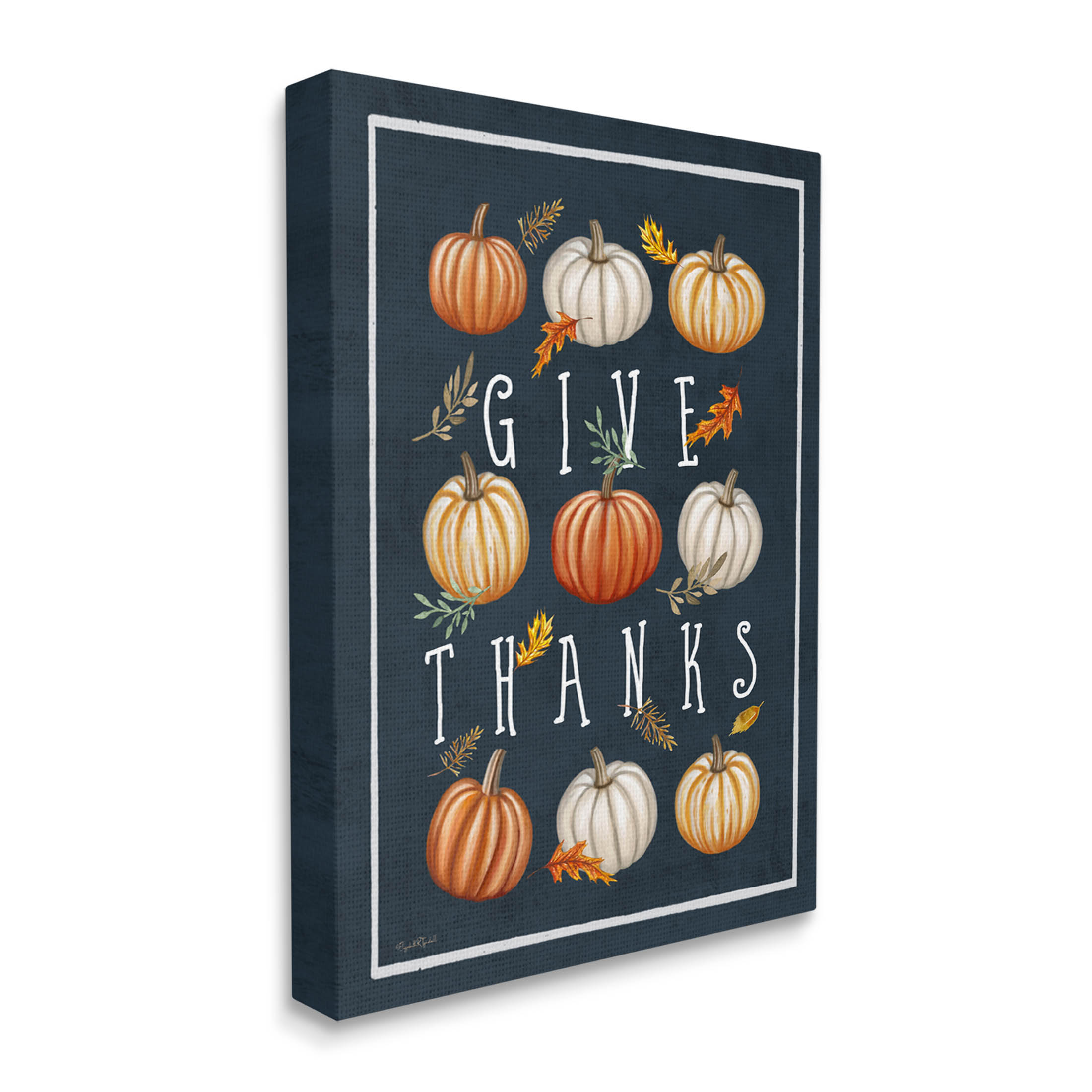 Stupell Industries Give Thanks Autumn Pumpkins Graphic Art Gallery Wrapped Canvas Print Wall Art, Design by Elizabeth Tyndall