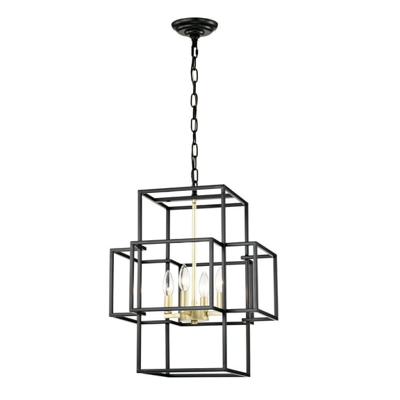 4-Light Metal Lantern Tiered Pendant Hanging Light Fixtures Industrial Farmhouse Adjustable Height  Chandeliers for Dining Room Hallway Foyer Entryway--Matte Black & Gold (E12 Bulbs Not Included)