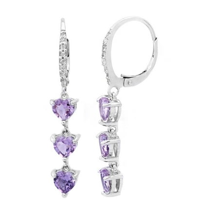 - Sterling Silver Amethyst and White Topaz Heart 3-Stone Dangle Earrings