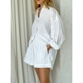 thumbnail image 6 of Women'S Summer 2 Piece Sets Striped Puff Sleeve Button Down Shirts Tops Matching Shorts Sets Casual Outfits White L, 6 of 8