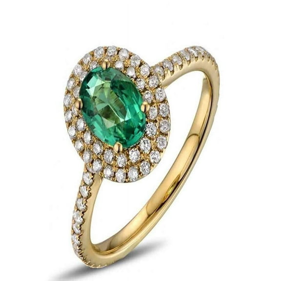 2 Carat Oval Cut Green Emerald And Diamond Moissanite Double Halo Engagement Ring In 14K Yellow Gold, Promise Ring, Anniversary Ring