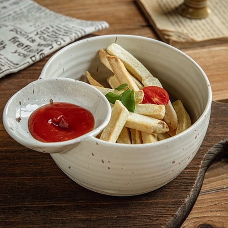 Ceramic Snack Bowl with Built-In Dipping Sauce Cup, Rustic Chip and Dip Bowl for French Fries, Veggies, Salsa, Ketchup – Handcrafted Serving Bowl for Parties, Kitchen & Home Entertaining