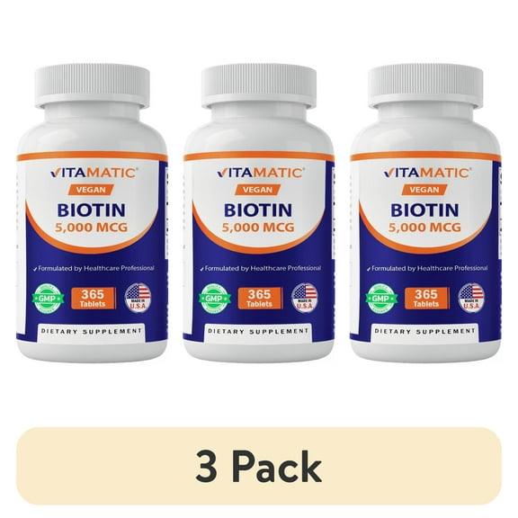 (3 pack) Vitamatic Biotin 5000mcg (5 mg) for Stronger Hair, Skin & Nails - 365 Vegan Tablets- Also Called Vitamin B7