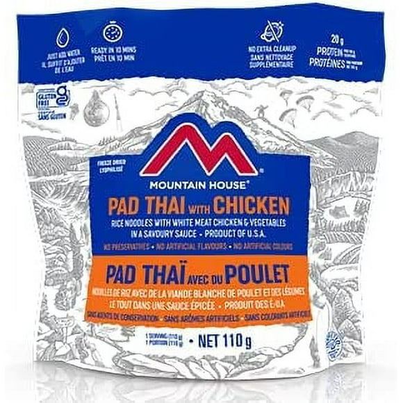 Mountain House Pad Thaï avec Poche de Poulet Sac à Dos Lyophilisé et Nourriture de Camping Nourriture de Survie et d'Urgence Sans Gluten Repas d'Entrée Facile à Préparer Délicieux et Nutritif 6 Sachet