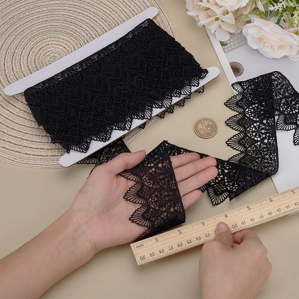 1Pc Polyester Lace Wavy Flower Ribbons for Cloth DIY Making Decor 1Pc Cardboard Display Card Black 2-3/8 inch(60mm) about 6.56 Yards(6m)/Set