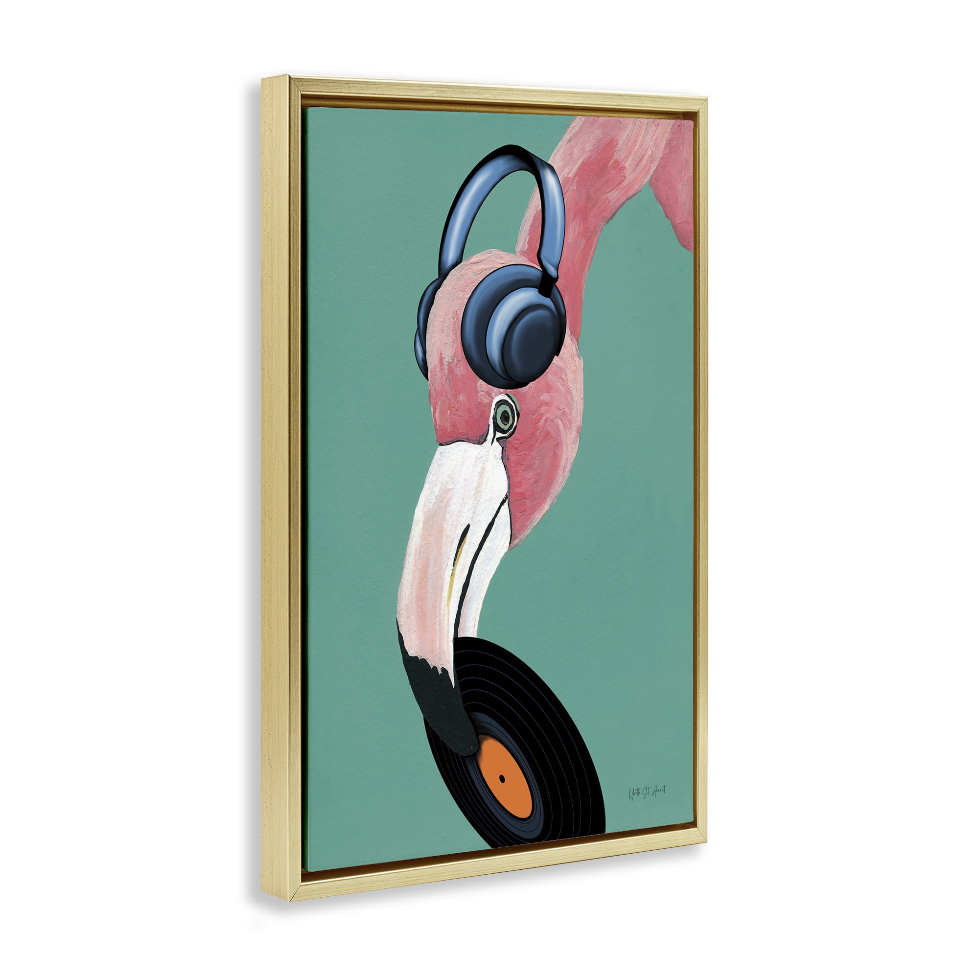 Stupell Industries Fun Musical Flamingo Animals & Insects Painting Gold Floater Framed Art Print Wall Art, 17 x 25