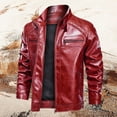 thumbnail image 2 of Men's Leather Jacket Autumn Winter Stand Collar Slim Fit Motorcycle Coat with Side Pockets, 2 of 2