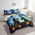 thumbnail image 3 of jejeloiu Happy Halloween Bedding Comforter Set 7pcs,Funny Witch Pumpkin Queen Bedding Sets,Orange Black Blue Queen Sheet Sets,Luxury Bedroom Decor Reversible, 3 of 8