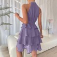 thumbnail image 4 of Women's Casual Halter Zipped Sleeveless Solid Color Dress Layered Ruffle A Line Mini Dress with Drawstring Purple, 4 of 8