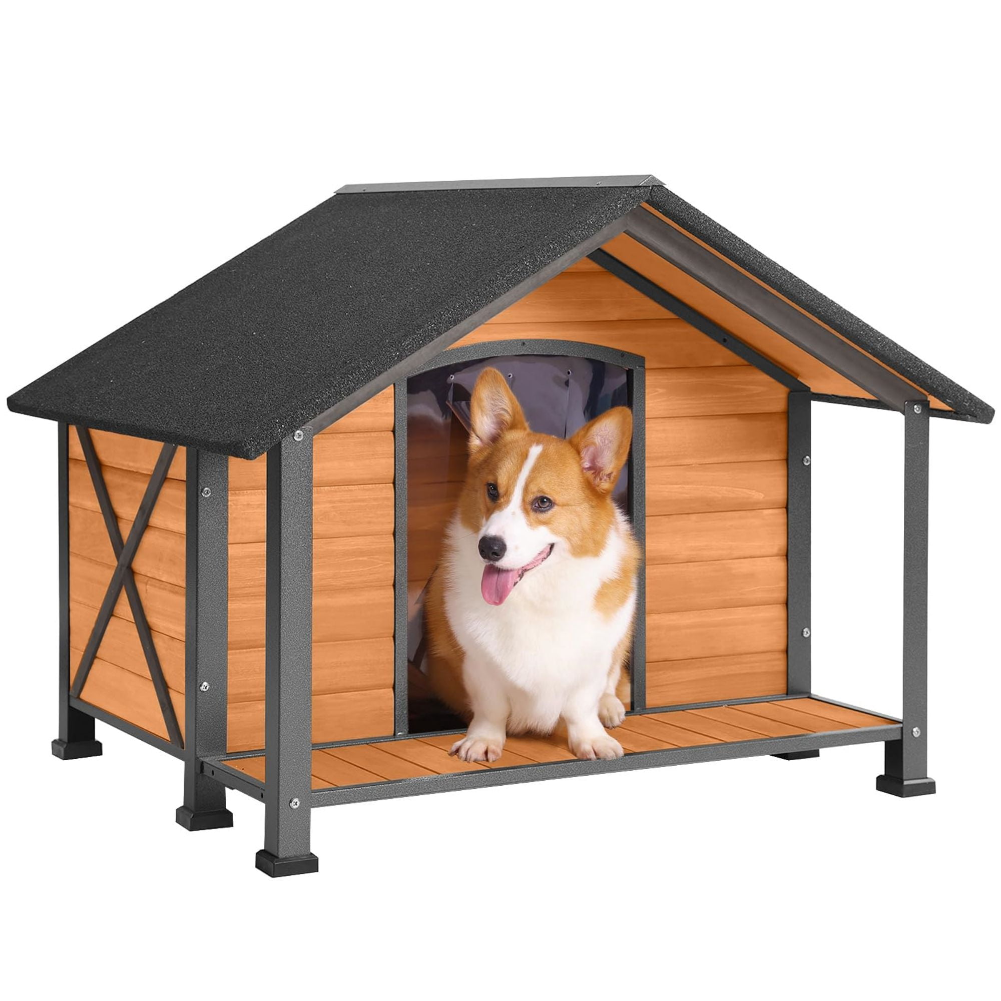 Aivituvin Anti-Chewing Outdoor Dog House with Iron Frame, 34.3"D Weatherproof Wooden Dog Kennels with Large Porch for Outdoor & Indoor, Brown