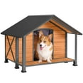thumbnail image 5 of Aivituvin Anti-Chewing Outdoor Dog House with Iron Frame, 34.3"D Weatherproof Wooden Dog Kennels with Large Porch for Outdoor & Indoor, Brown, 5 of 9