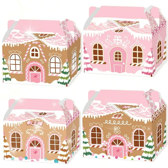 Pink Gingerbread House Decorative Boxes - Foldable DIY Sweet Candy House Design for Holiday Party Decor & Gift Packaging