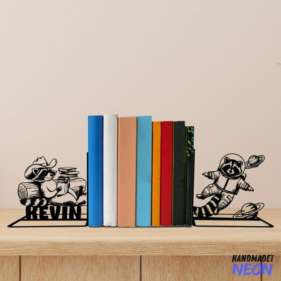 Handmadetneonsign Raccoon Reading Book Metal Bookends, Name Bookend, Raccoon Astronaut Table Bookshelf Home Decor 76767