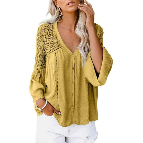 Camisa de crochet informal para mujer cuello en V mangas largas acampanadas blusa suelta informal transpirable y agradable para la piel para uso diario amarillo L Walmart en linea