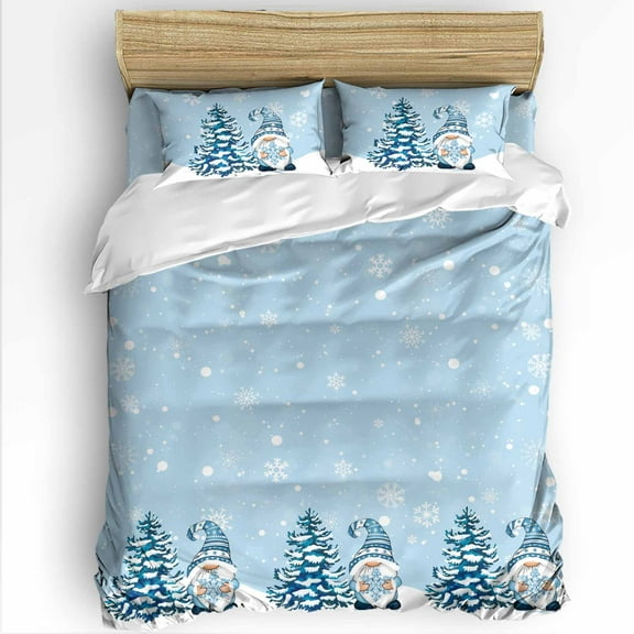 Christmas King Size Comforter Set, Xmas Gnomes Winter Trees Snowflakes Light Blue Soft Bedding for All Seasons, 4 Pcs Bed Set with 1Comforter (90"x106") ,1 Sheet(94"x116"), 2 Pillowcases (19"x35")