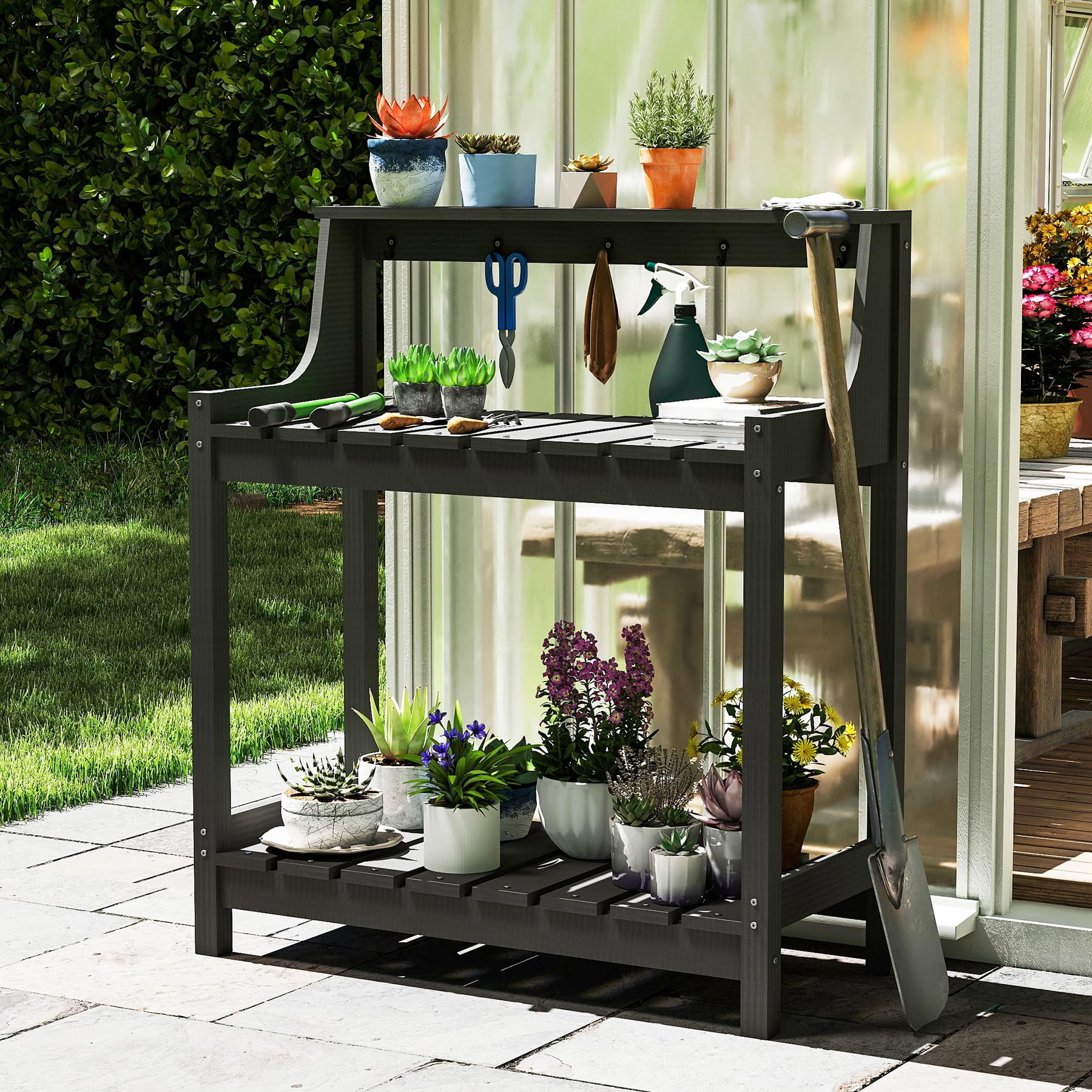 HDPE Potting Bench, All-Weather Outdoor Potting Table with 3-Tier Storage, 43.3” Ergonomic Height Garden Workstation for Patio Backyard Garden, Gray