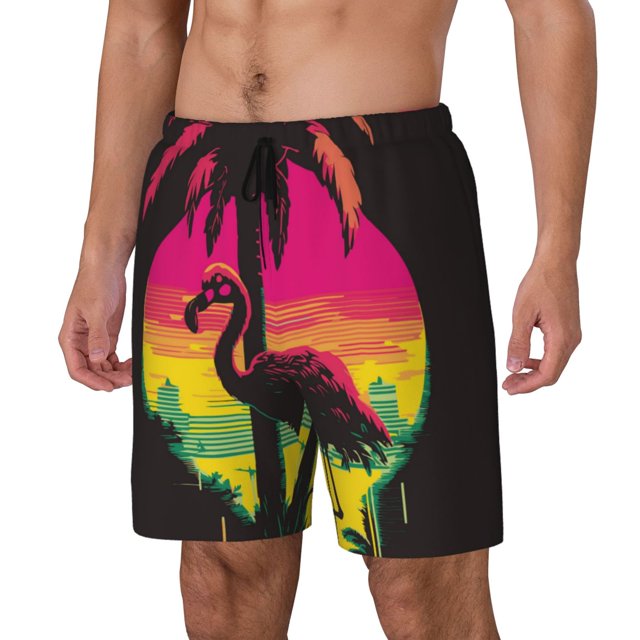 Balery Flamingo And Palm Trees At Sunset Bañador para hombre, shorts de playa de secado rápido con entrepierna y forro de compresión-3X-Large