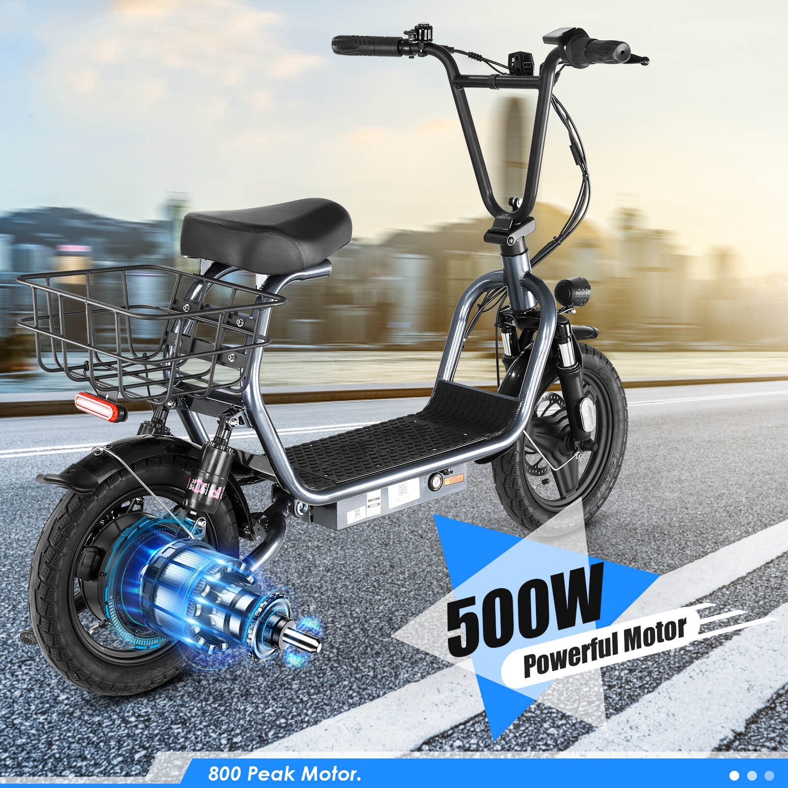 HOTEEL Peak 500W Adults Electric Scooter with Seat, 14" Off-road Tires, 3 Speeds 20 MPH Max, 15 Miles Range Folding Electric Scooter, Black