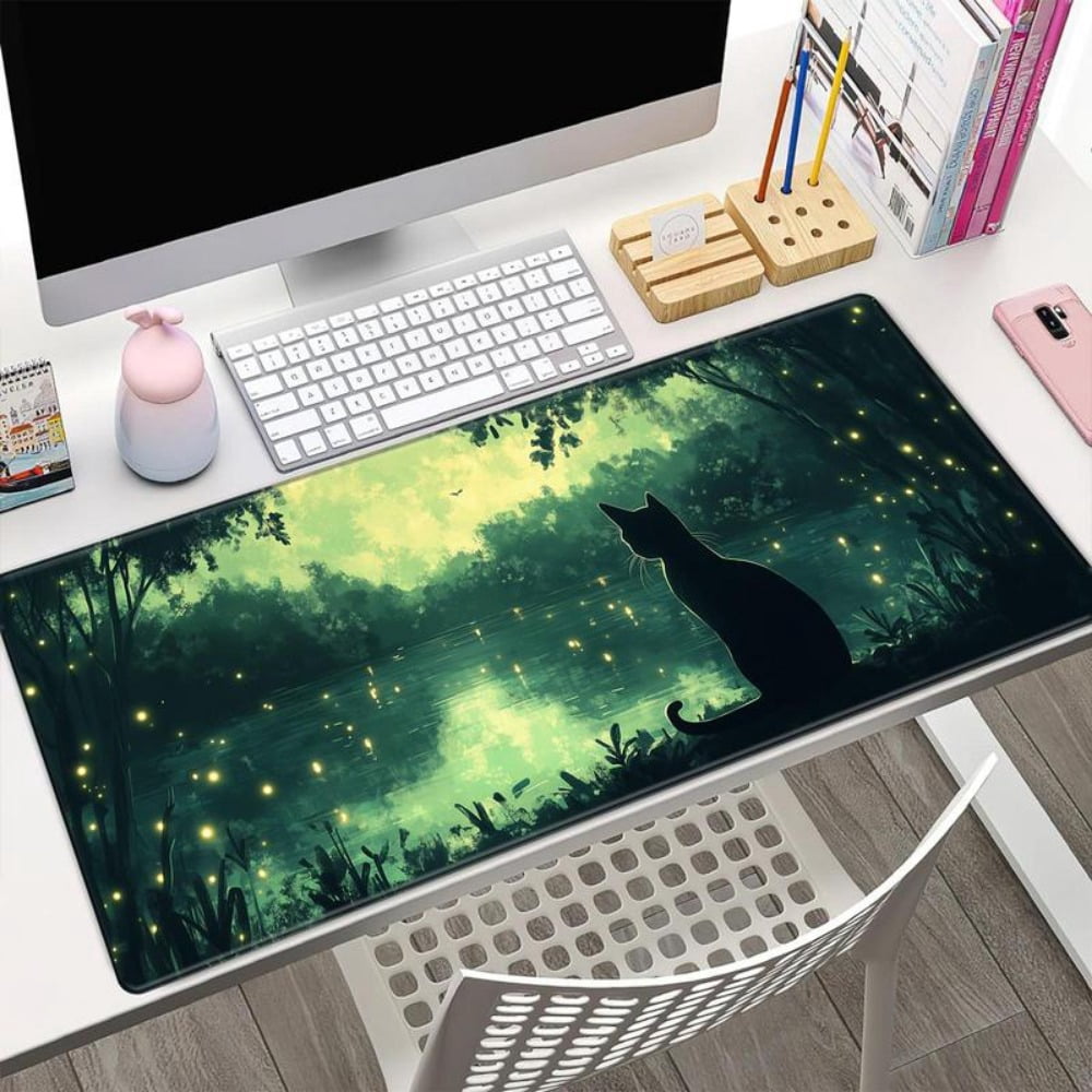 HELLOYOUNG Gaming Mouse Pad, Extra Large Non-Slip Mouse Mat, Cat and Forest Pattern Computer Desk Pad with Stitched Edges for Office & Home Decor