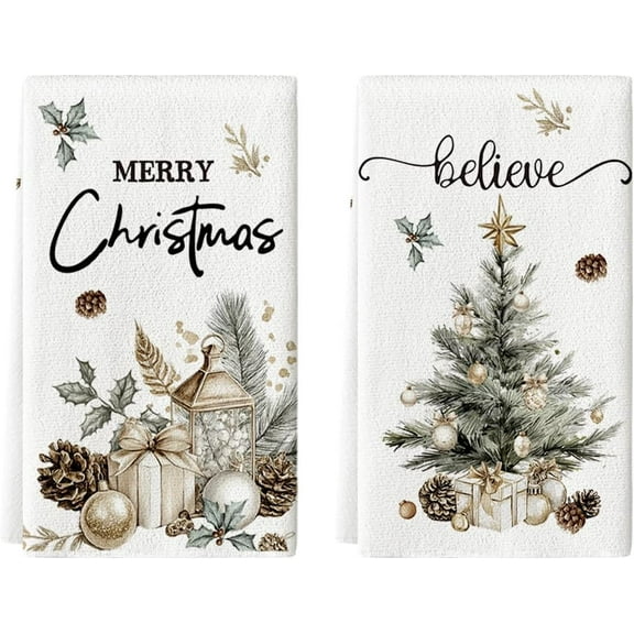 Pinecone Xmas Tree Merry Christmas Kitchen Towels Dish Towels, 16x24 Inch Farmhouse Holly Winter Decoration Cleaning Set of 2