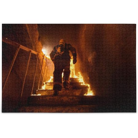 FREEAMG Firefighter Fireman in Fire Flame Burning Building Jigsaw Puzzles 1000 Pieces Puzzle for Adults Kids DIY Gift