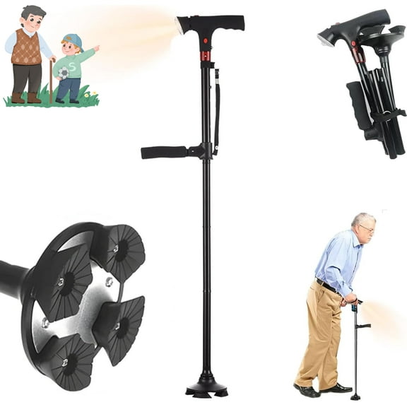Ready Walker Cane,ReadyWalker Smart Cane with LED Light & Alarm,Readywalker Canes Four-Leg Base,Double Handles,Foldable and Adjustable,Lightweight Mobility Aid Suitable for Seniors and Adults