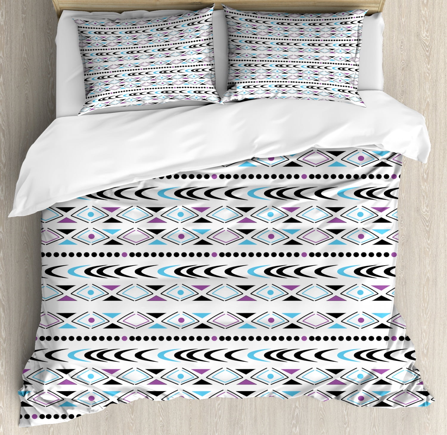 Tribal Duvet Cover Set, Horizontally Arranged Triangles Dots and Half