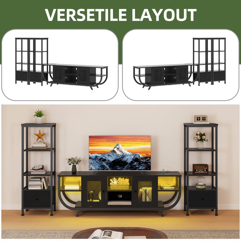 Uforic TV Stand for TVs up to 65", LED Entertainment Center with Bookshelf & Power Outlet & Fabric Drawer, Black