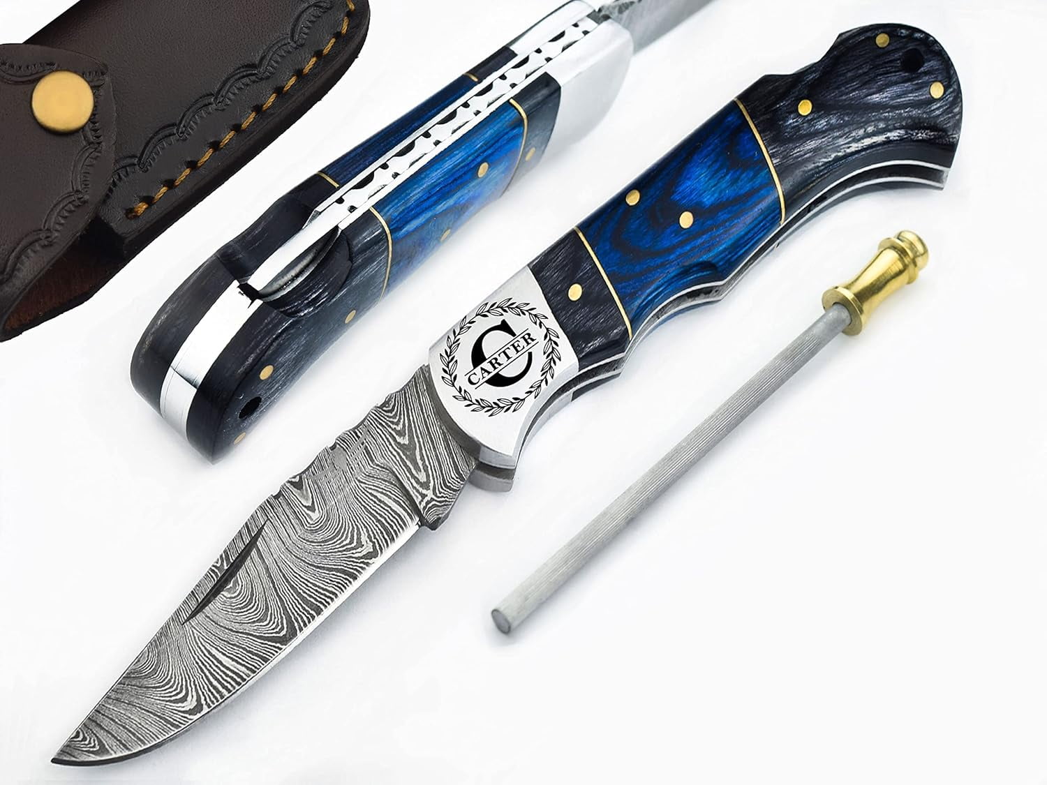 Personalised Damascus Pocket Knife for Men - Multi Layer Solid Steel Handmade Folding Hunting Knives with Sharpner and Leather Pouch - Best Knife for Camping Hunting Hiking