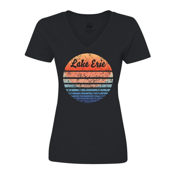 Inktastic Lake Erie Distressed Retro Sunset Women's V-Neck T-Shirt