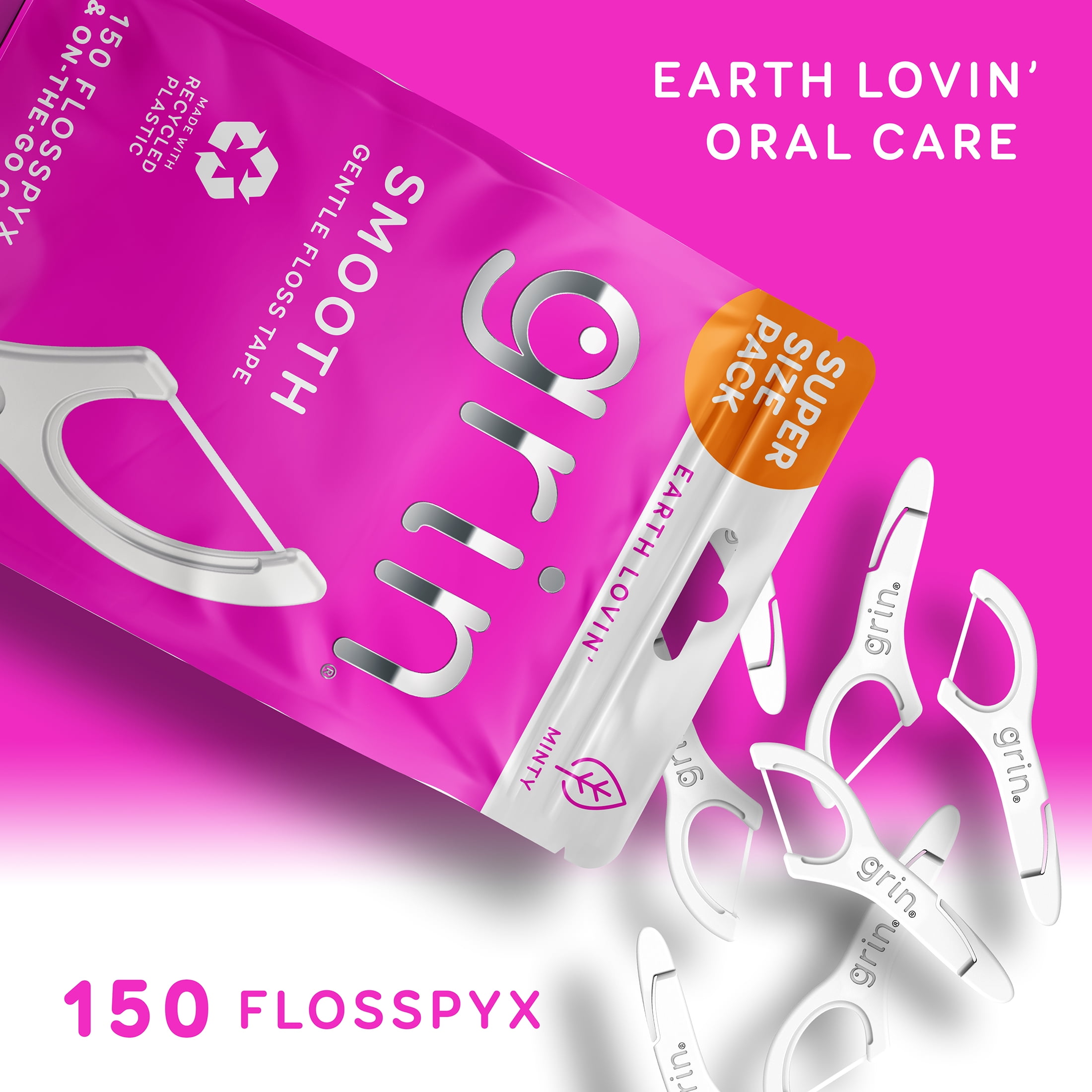 Grin Oral Care Smooth Flosspyx Dental Floss Picks Mint Flavor Recycled Plastic, 150 Count, White