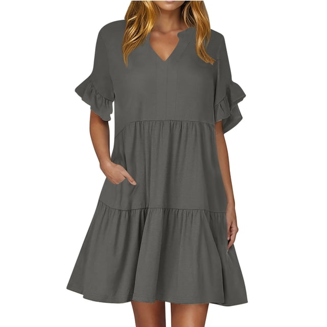 Vestido de Verano de Manga Corta para las Mujeres una Línea de Playa Casual, Bolsillos de Primavera Suelto Vestido de Poliéster