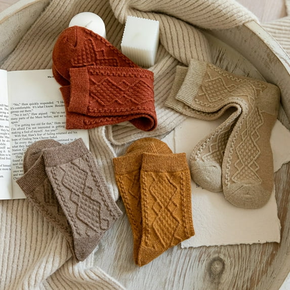 Opolski 2 Pair Women Socks Thick High Elasticity Rhombus Texture Middle Tube Breathable Keep Warm Solid Color Autumn Winter Ladies Thermal Long Socks for Daily Wear