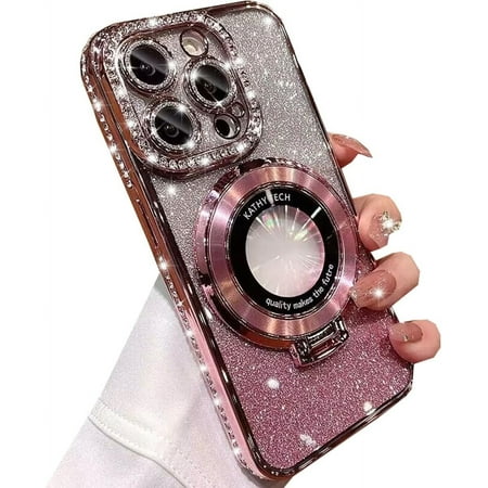 Magnetic Kickstand Glitter Case for iPhone 13 Pro Max, [Compatible with Magsafe] Luxury Bling Sparkly Diamond Rhinestones with Camera Protector Women Girls Case for iPhone 13 Pro Max (Pink)