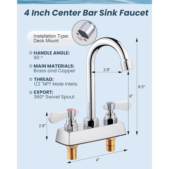 Commercial Bar Sink Faucet 2 Hole, 4 Inch Center Deck Mount Hand Sink Faucet, 3.8" Gooseneck Swivel Spout Bar Faucet, Brass Construction Chrome Polished with Dual Handles for Utility Laundry Kitchen