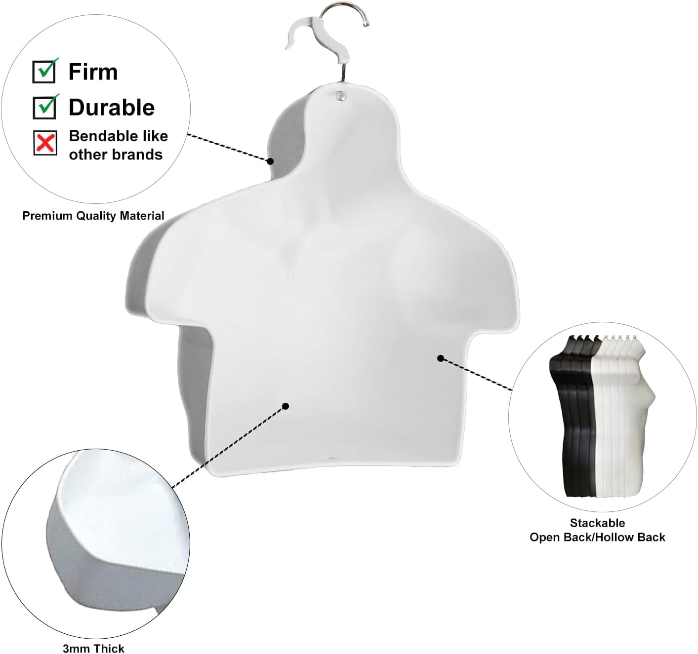 DisplayTown 3 Sets of White Male Mannequin Chest Long Hollow Back Plastic Injection Hanging Body Torso Form with Hanging Hooks, S-M Size