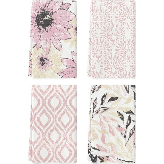 Pink Floral Leaves Boho Kitchen Towels Dish Towels, 18x26 Inch Seasonal Decoration Hand Towels Set of 4