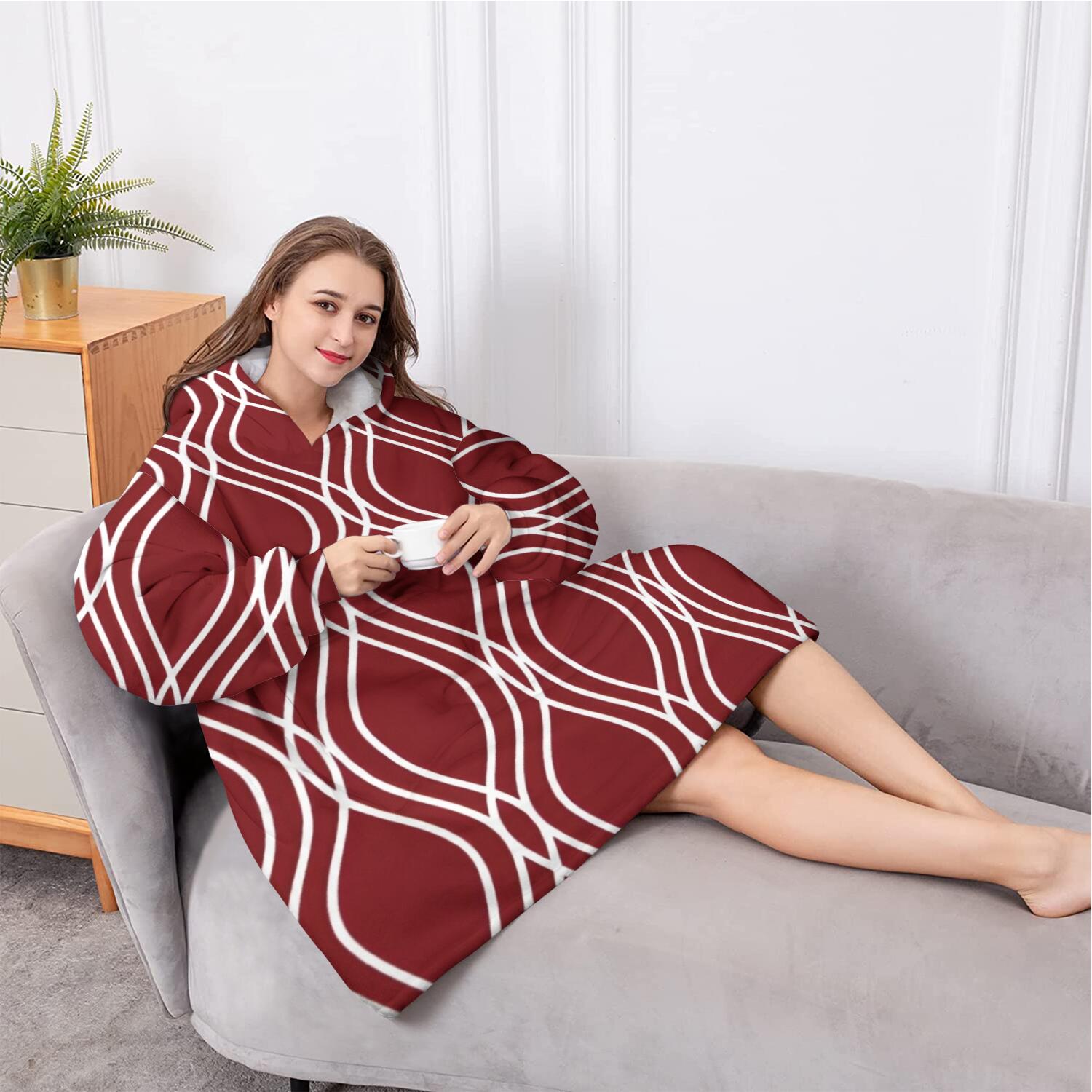 Oversized Wearable Blanket Hoodie,Burgundy and White Wavy Pattern Sherpa Blanket Hoodie with Super Pockets,Super Warm Fuzzy Pullover for Women & Men