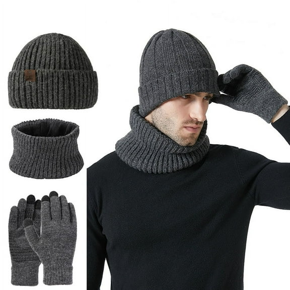 ESLIFE 3Pcs Winter Warm Hat Scarf Gloves Knit Cap Screen Mittens Scarves Sets One Size for Women & Men , Grey