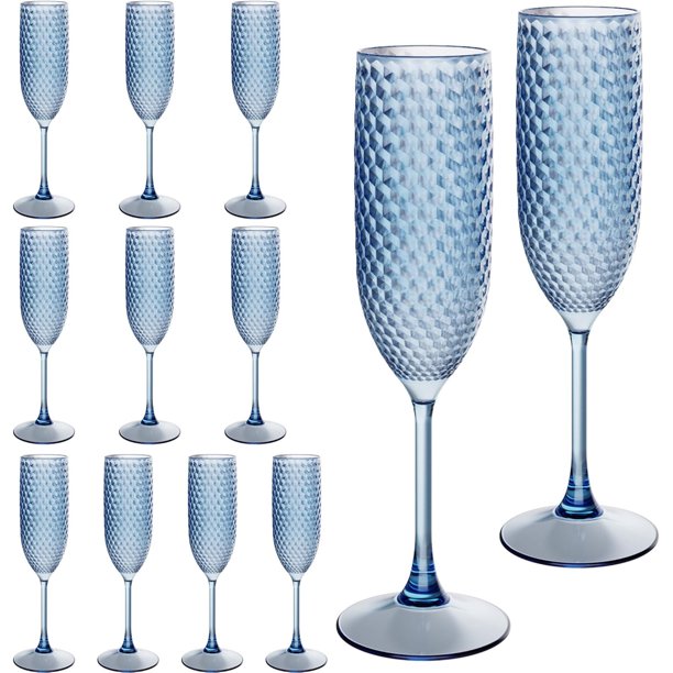 12 piezas de copas de champán de plástico azul de 7 oz, juego de copas de champán transparentes irrompibles a granel, copas de vino de cristal reutilizables para boda, Navidad, fiesta