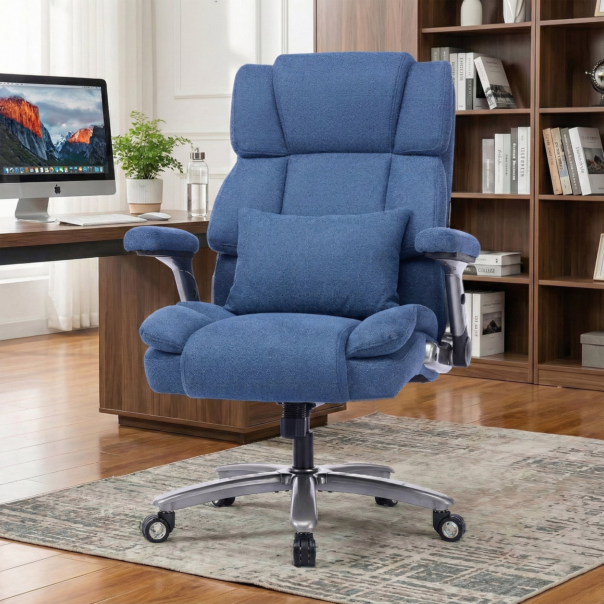 EOP 600LBS Big and Tall Heavy Duty Office Chair, Ergonomic Massage Desk Chair with 4D Adjustable Armrests, Fabric Executive Chair with Lumbar Support & Quiet Dual Rubber Wheels, Blue