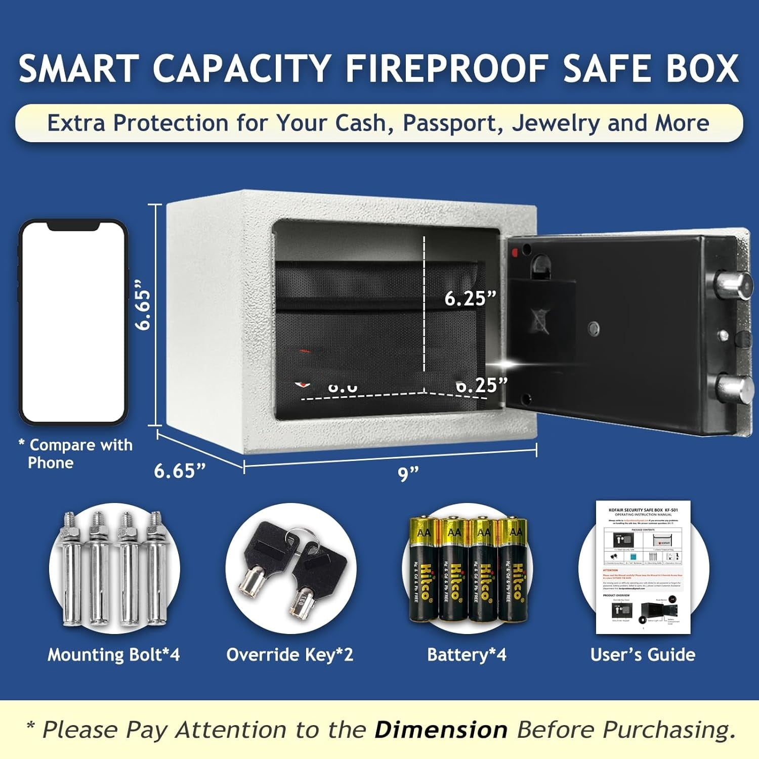 Safe Box for Home Safe (0.23 Cubic Feet) with Fireproof Bag, Personal Money Safey for Cash Saving, Mini Safey with Key, Digital Safety Box with Light, Money Lock Box (White)