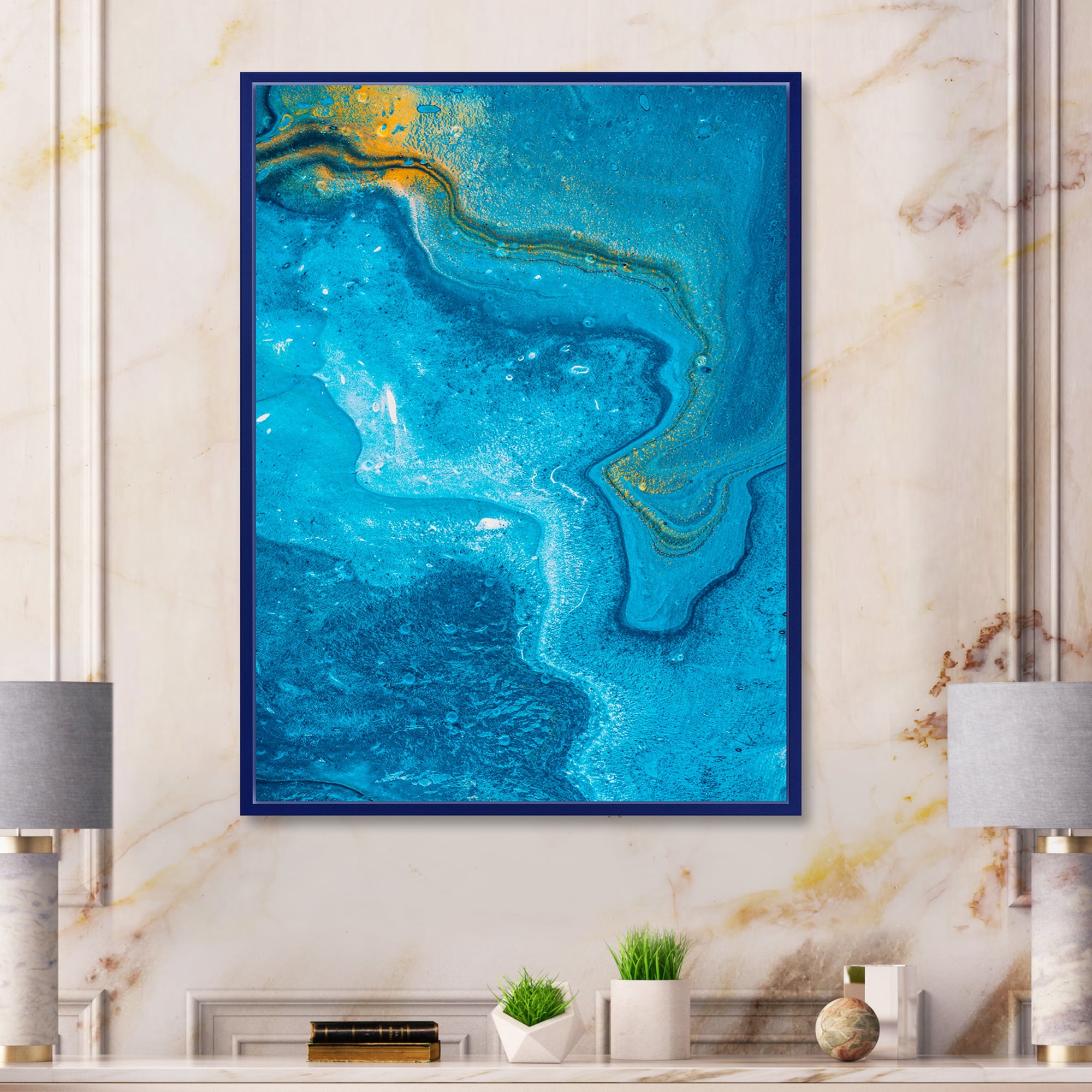 Designart 'Abstract Blue Marble Composition II' Modern Framed Canvas Wall Art Print