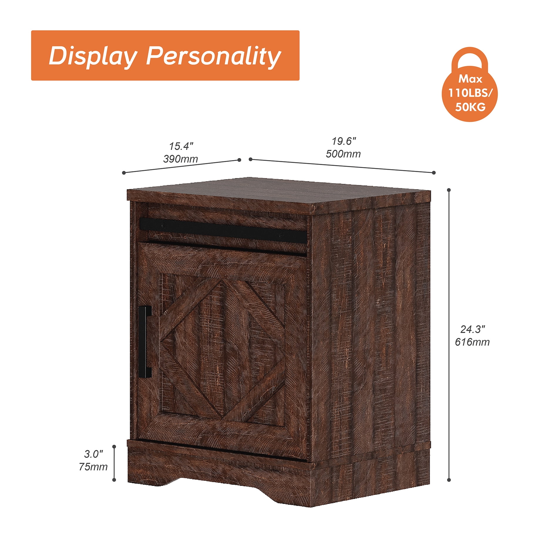 WAMPAT 24.3-inch Tall Farmhouse End Table with Drawer and Barn Door Cabinet for Living Room,Wood Scoring-Style Purposeful Distressing,Rustic Brown