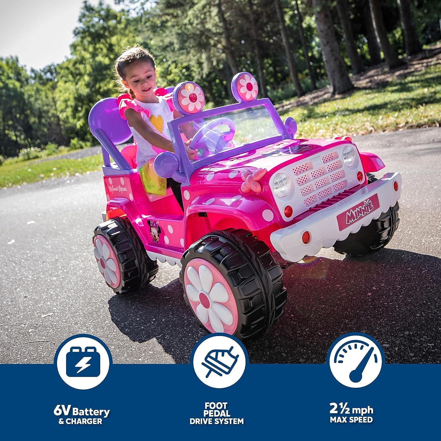 Powered Power Minnie 60 Ride-On Headlights, Kids Outdoor Trax Pink Toy, Mouse to Ride 6V 3-5 Minnie Boys Battery On, Mouse Flower Kid Up Toddler, Sounds, Toy, Girls, 4x4 and Working lbs, Disney\'s Ages