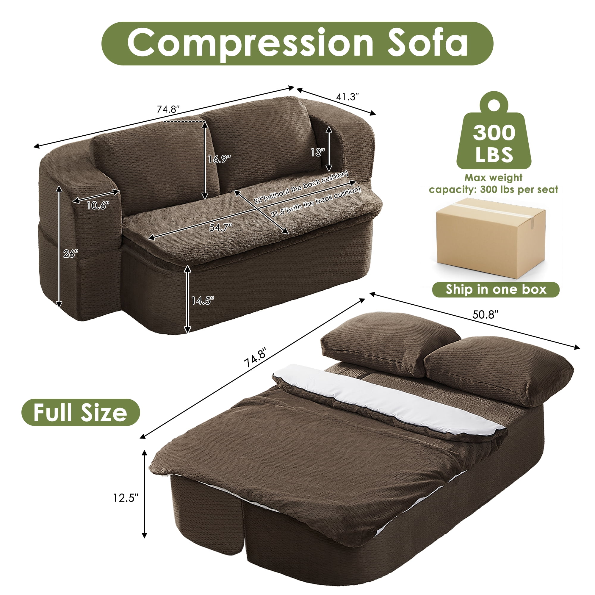 74.8" Convertible Sofa Bed, Compression Loveseat Sleeper, Foldable Sleeper Sofa with Armrest and Pillows for Living Room and Apartment, Dark Brown