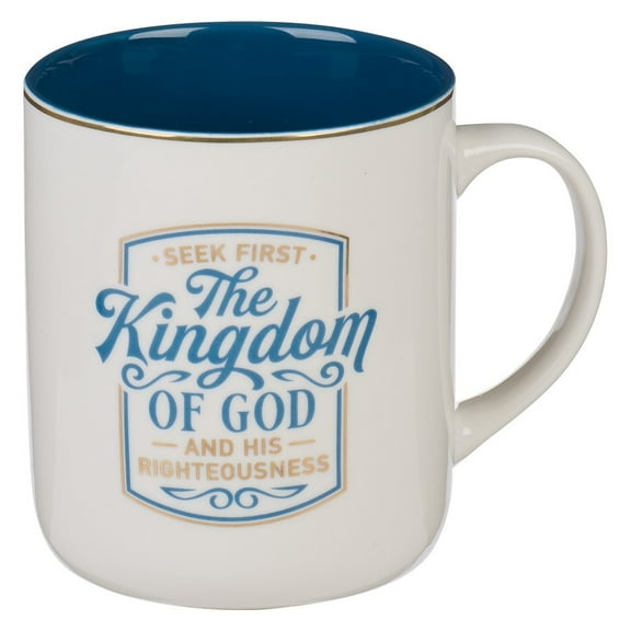 Christian Art Gifts Large Ceramic Scripture Coffee & Tea Mug w/Gold for Women: The Kingdom of God - Matthew 6:33 Inspirational Bible Verse, Non-Toxic, Lead-Free Cup, Royal Blue & White, 14 fl. oz.