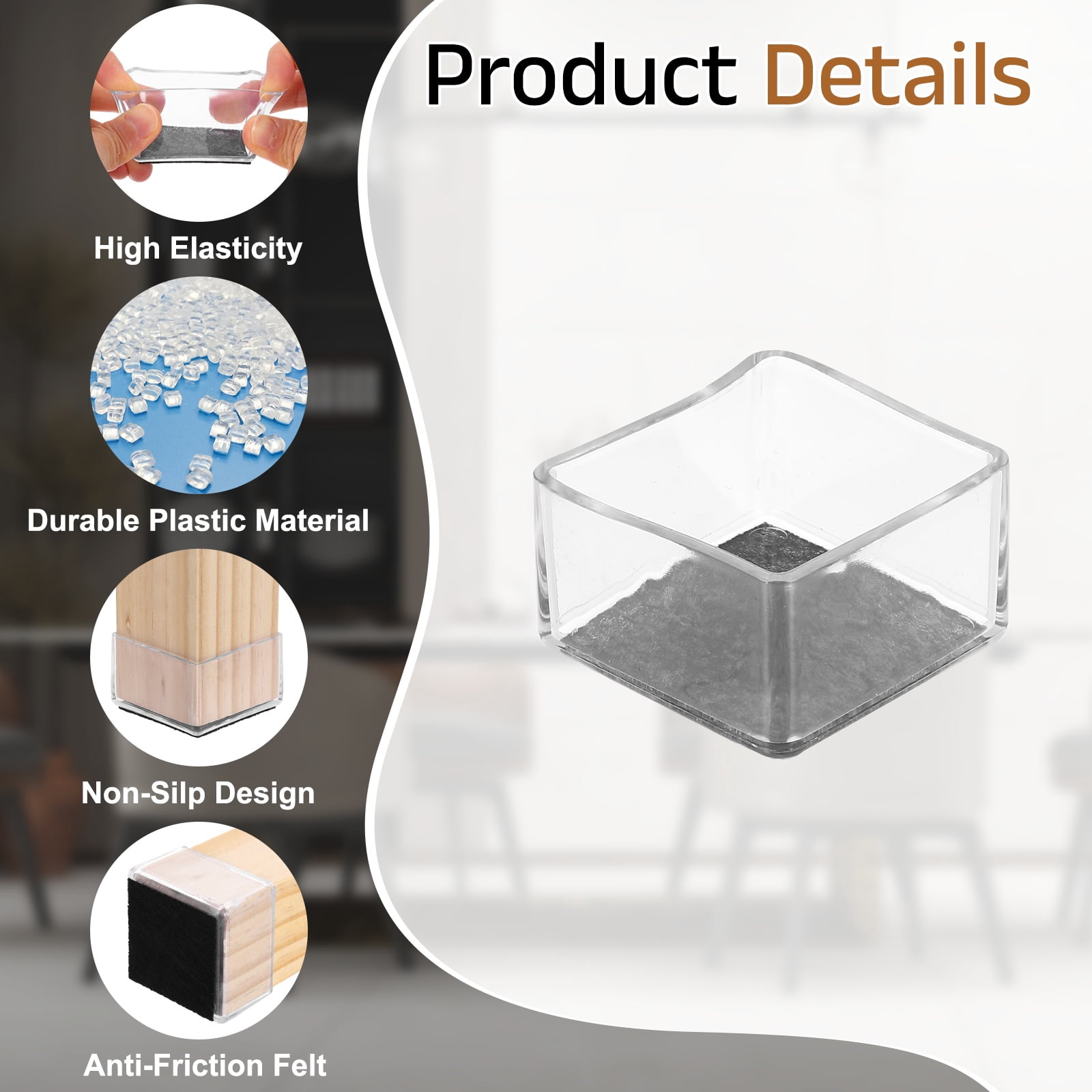 Uxcell 28Pcs Square Chair Leg Protectors, 1.57" & Felt Furniture Chair Leg Cover Caps for Hardwood Floors Elastic Scratch Reduce Noise Covers Furniture Pads, Clear Black