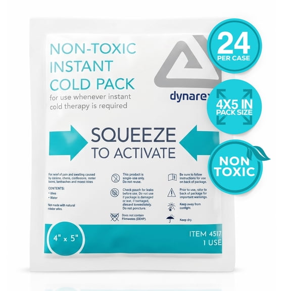 Dynarex Instant Cold Pack, Non-Toxic Disposable Ice Pack for Cold Compress, 4” x 5”, 24 Count